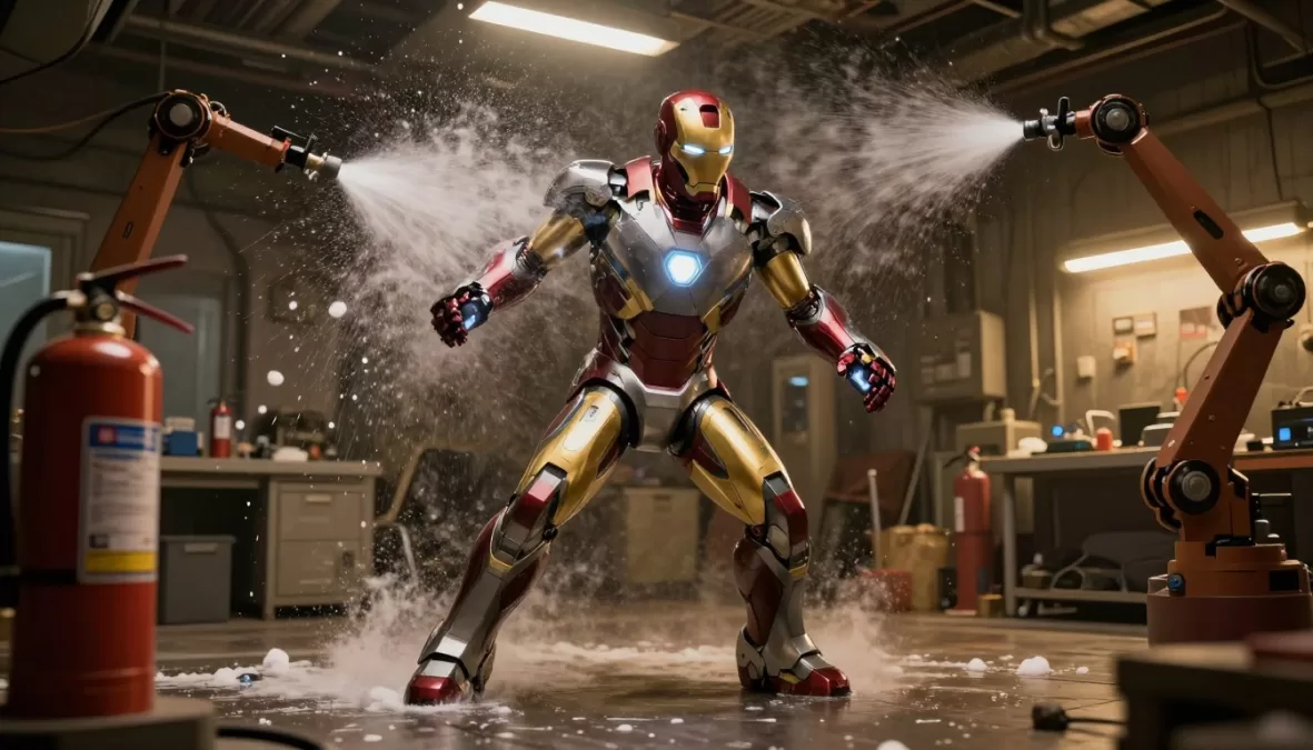 Tony Stark testing the Mark II armor and crashing through his workshop