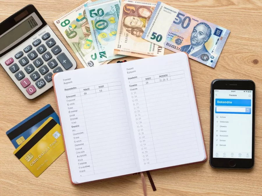 Travel budget planning with money, calculator and travel notebook