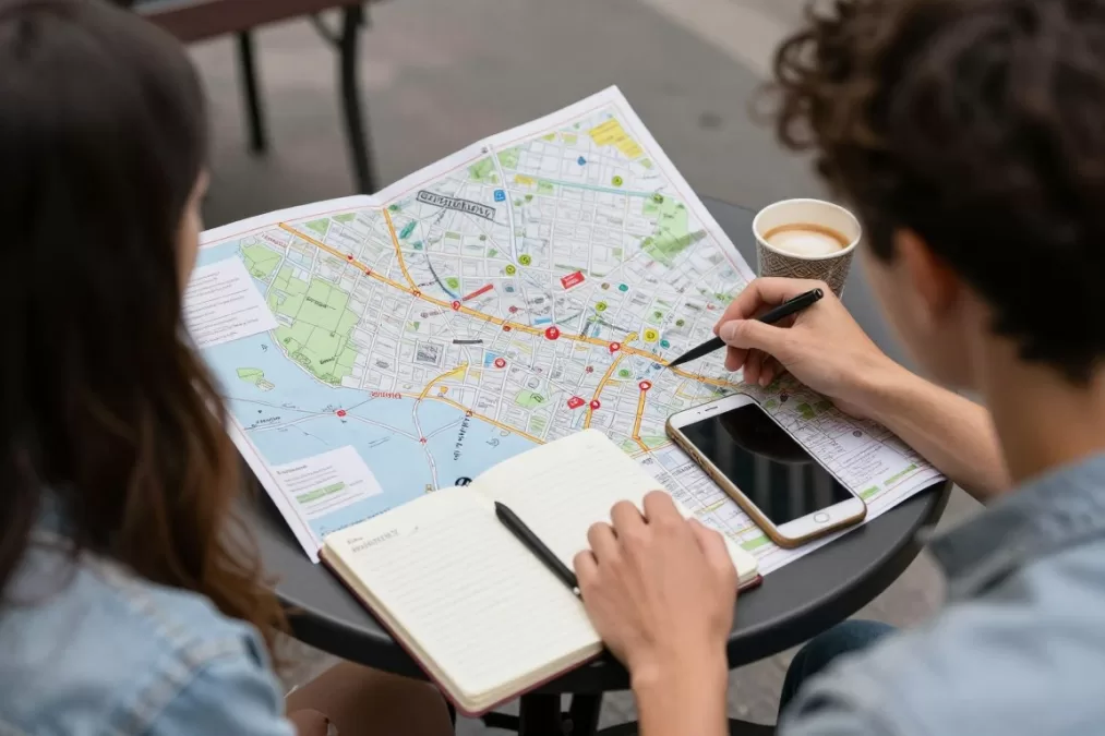 Traveler planning route on map while keeping options open