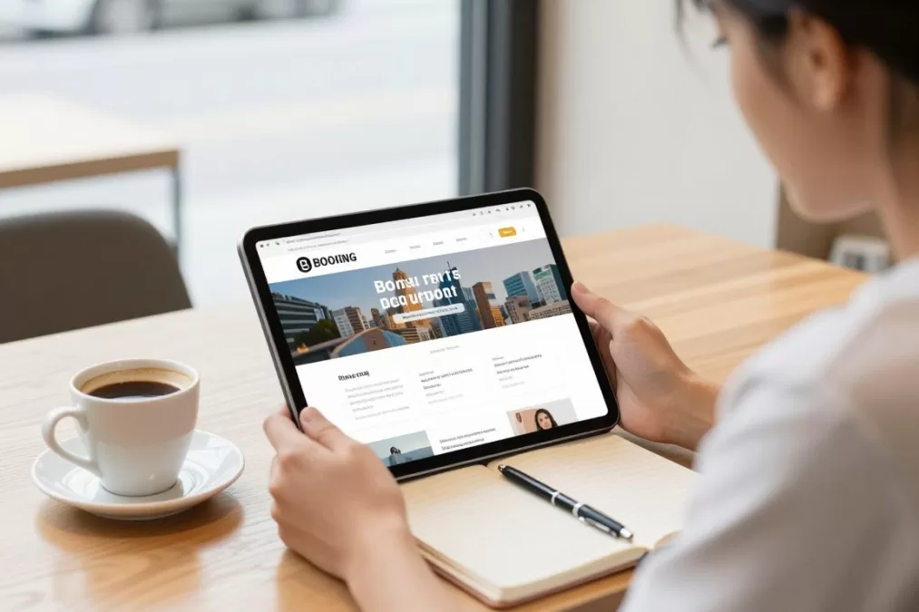 Traveler reviewing accommodation options on tablet in cafe