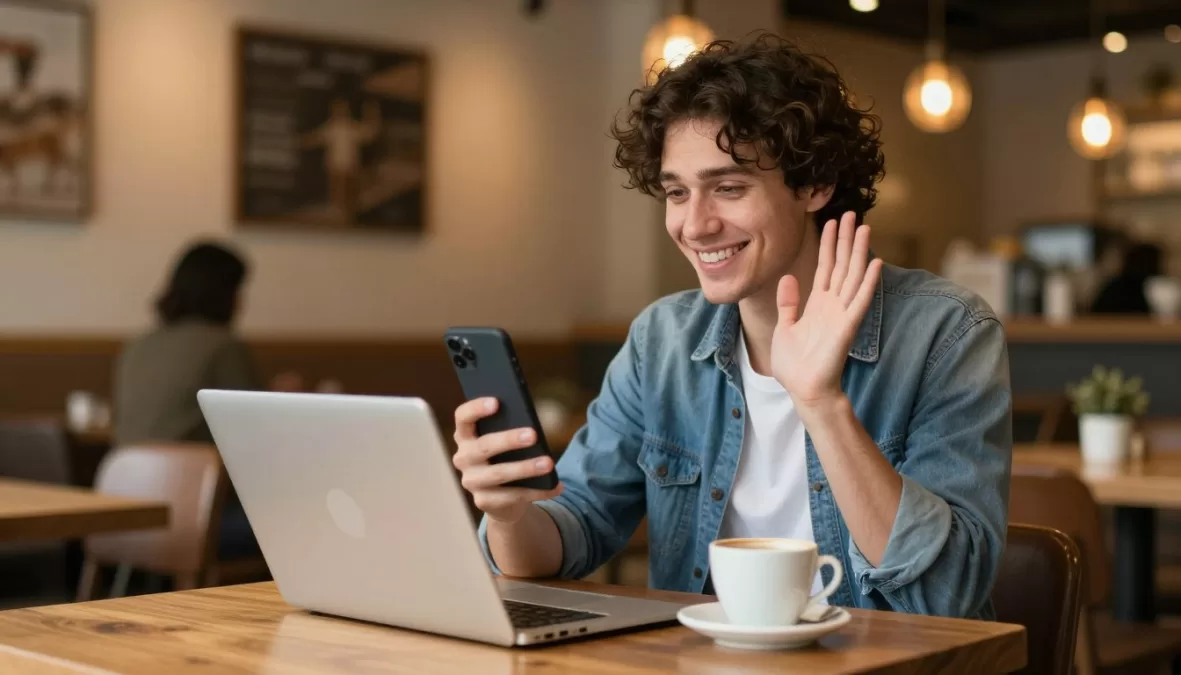 Traveler using smartphone to stay connected with family via video call in cafe