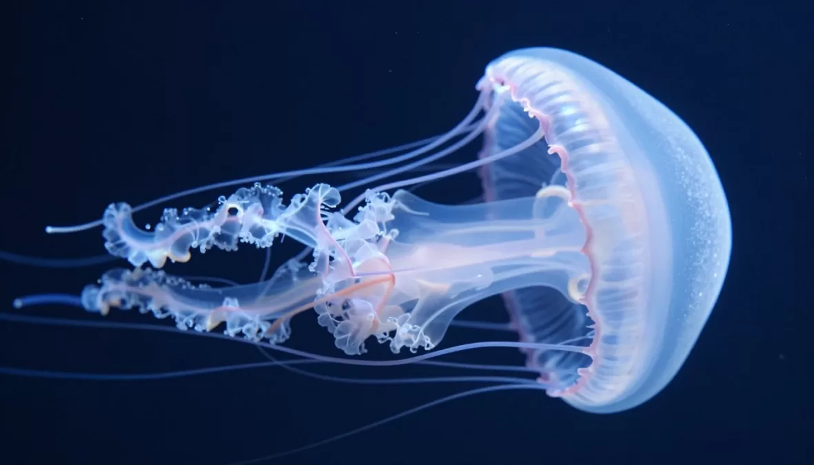 Turritopsis dohrnii immortal jellyfish in ocean showing translucent bell and tentacles