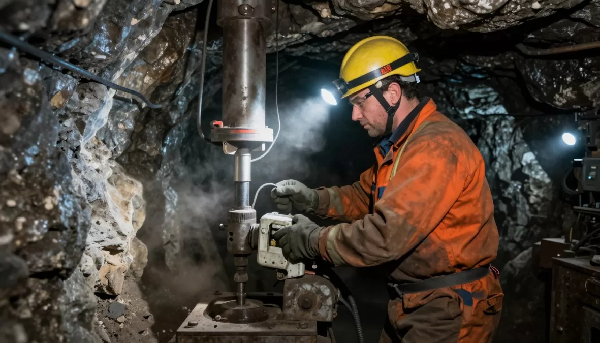 Underground miner operating heavy machinery in mine tunnel