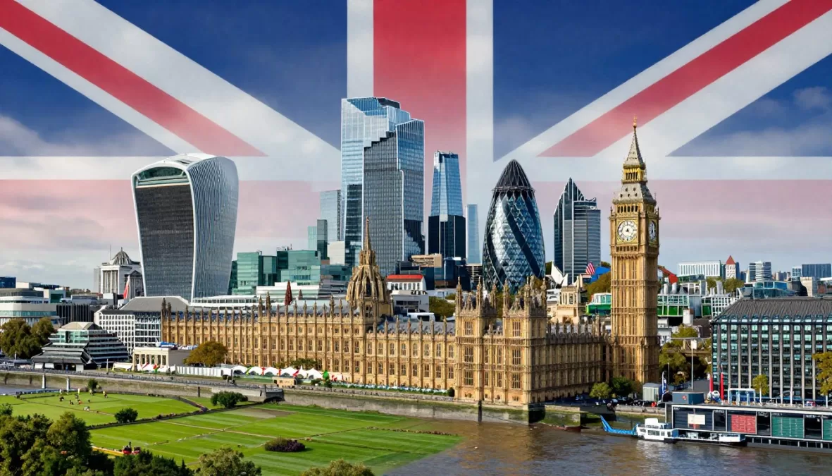 United Kingdom economy featuring London financial district, creative industries, and service sector dominance