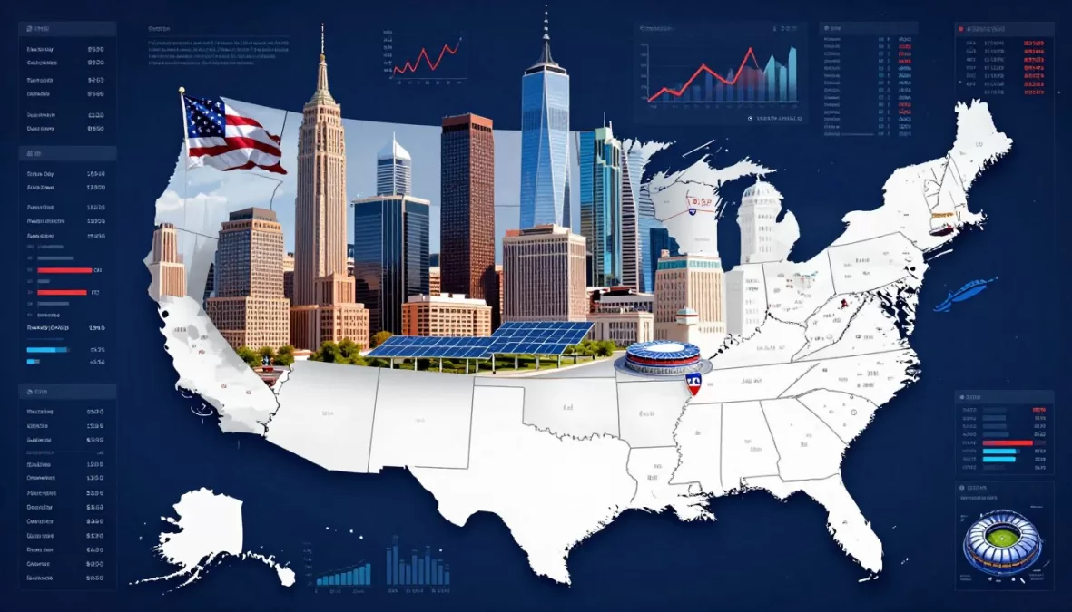 United States economy visualization showing GDP growth, major economic sectors, and 2026 World Cup host city infrastructure