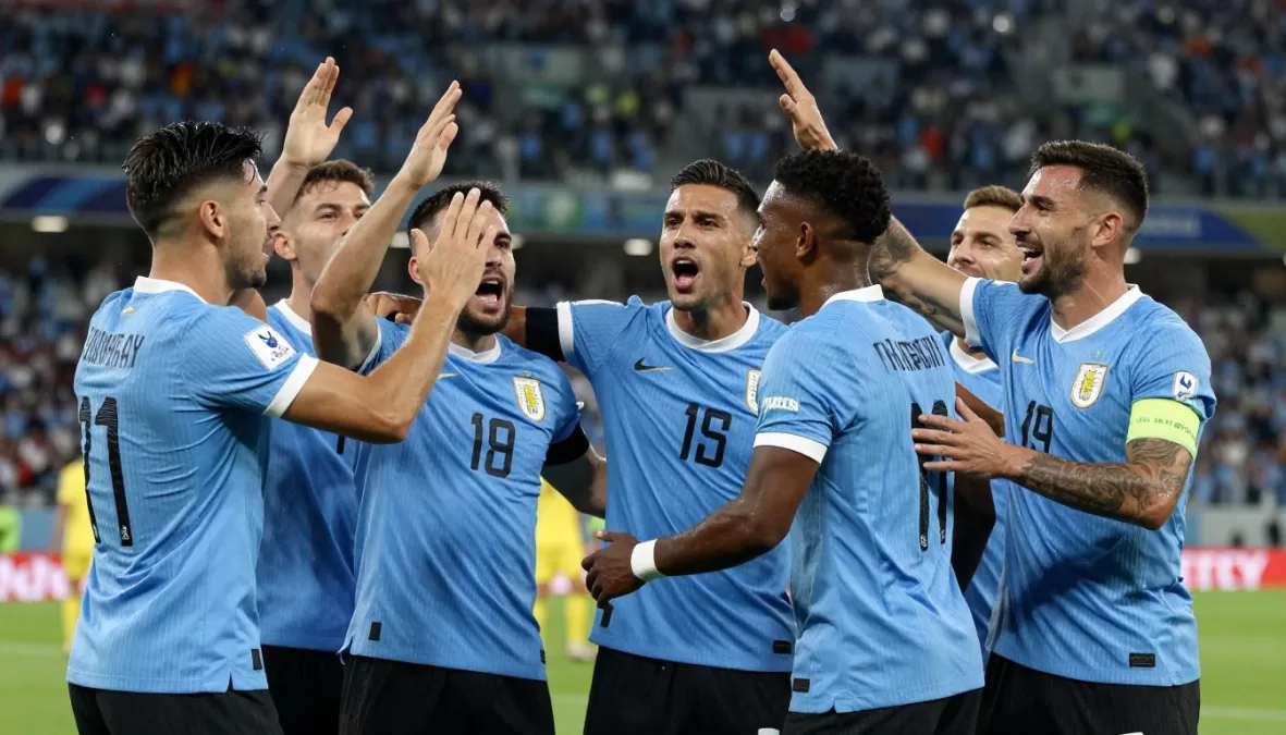 Uruguay national soccer team in light blue jerseys during world cup celebration