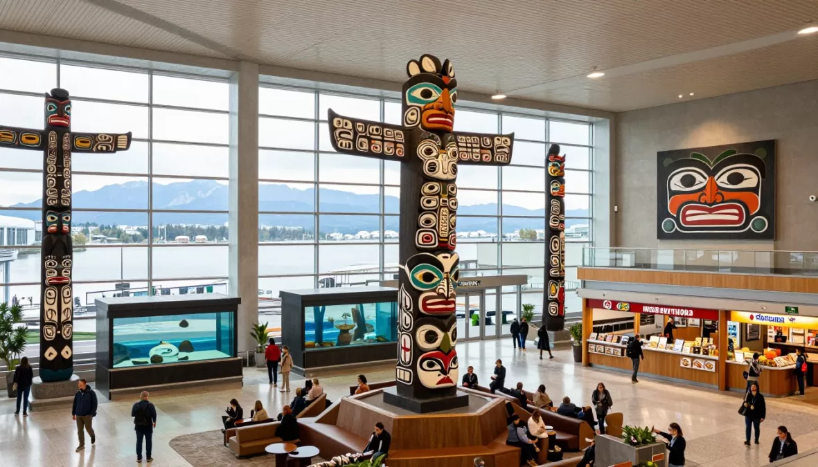 Vancouver Airport terminal featuring indigenous Pacific Northwest art and natural design with mountain views