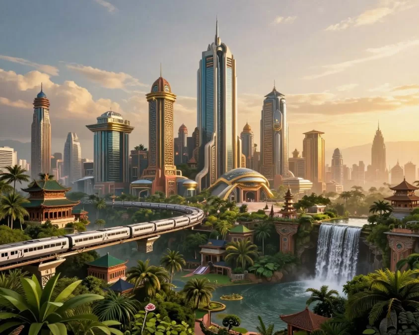 Wakanda's stunning cityscape with advanced technology and traditional architecture