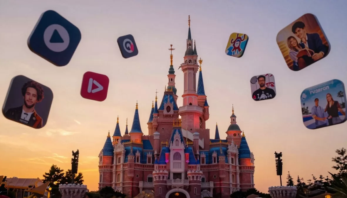 Walt Disney Company entertainment castle logo with streaming platform icons