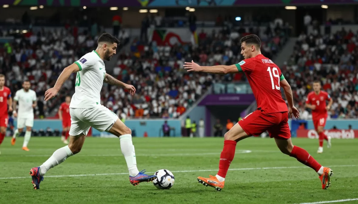 World cup final match action between top teams with packed stadium