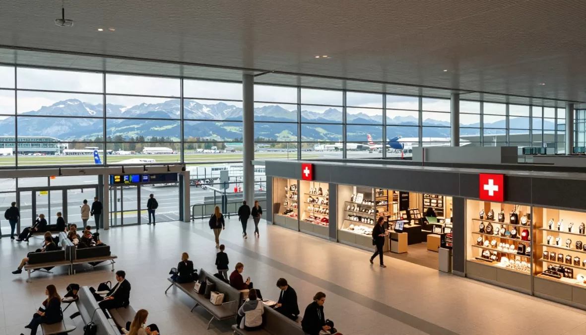 Zurich Airport showing Swiss precision in terminal design with Alpine views and efficient passenger flow