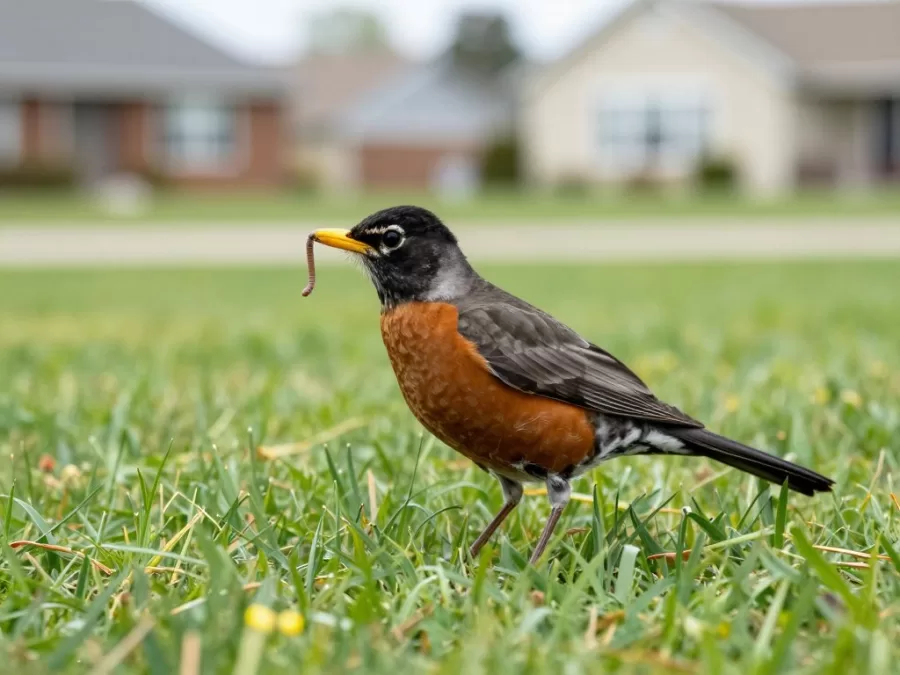 american robin foraging on a lawn