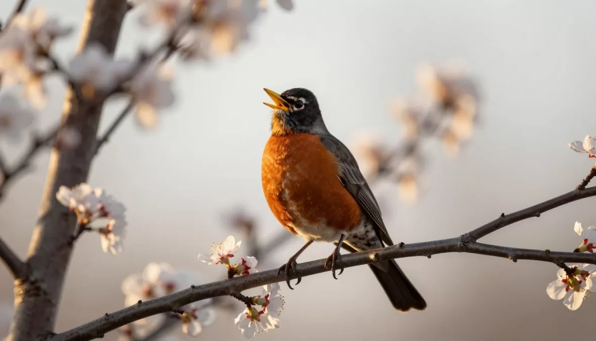 american robin singing on a branch at dawn