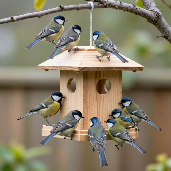 bird feeder attracting songbirds to backyard
