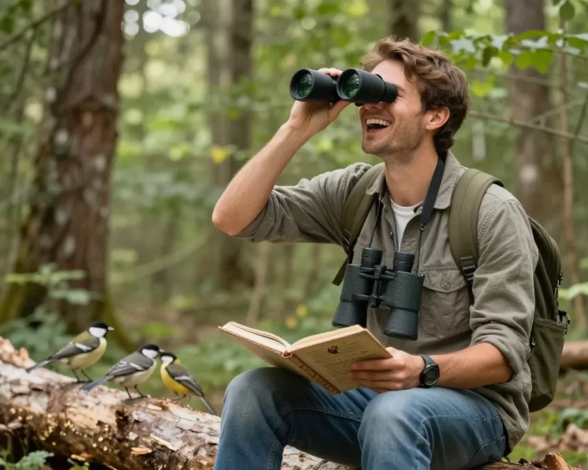 bird watcher enjoying nature with binoculars and field guide