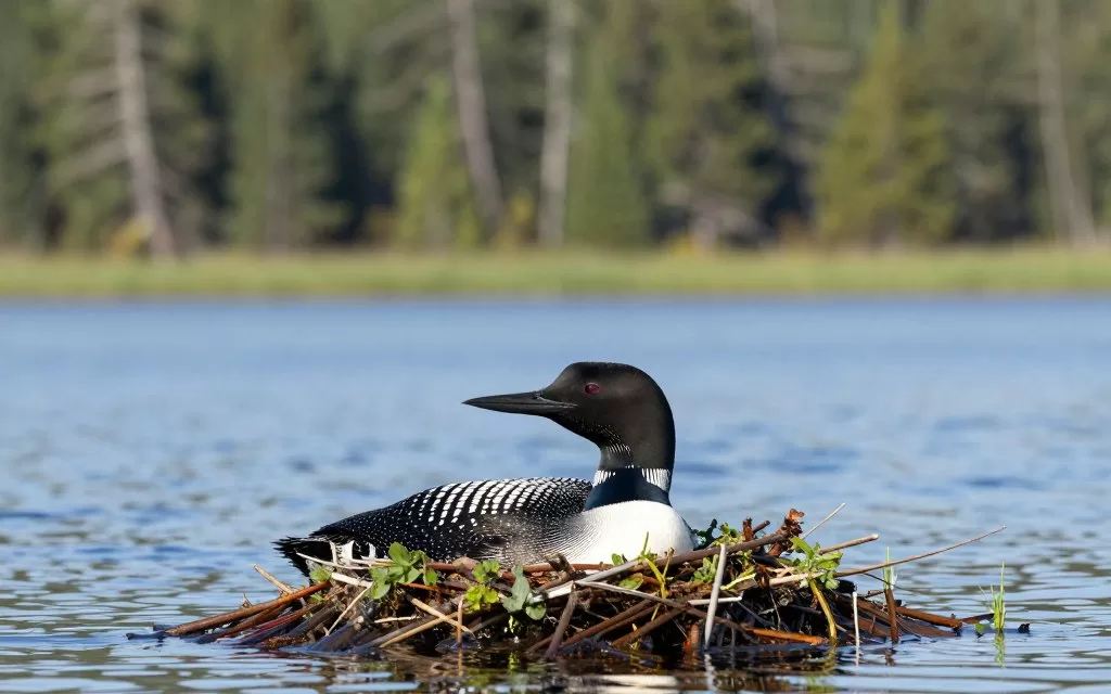 common loon on nest near water's edge
