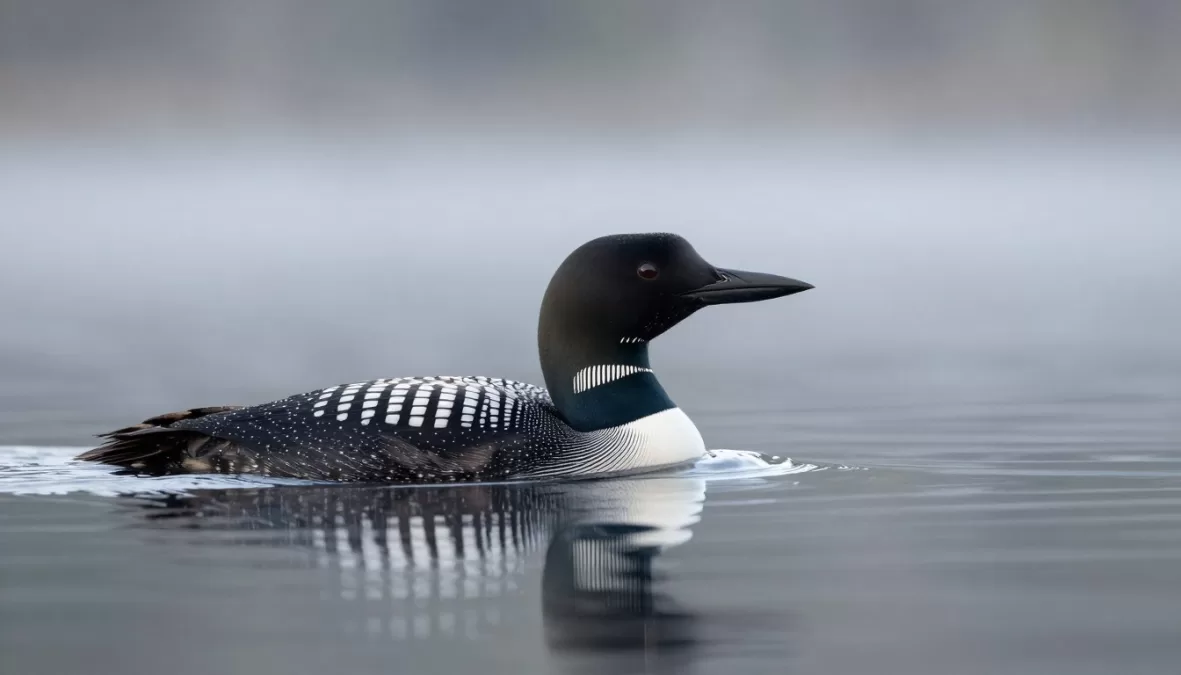 common loon swimming on a lake with reflections