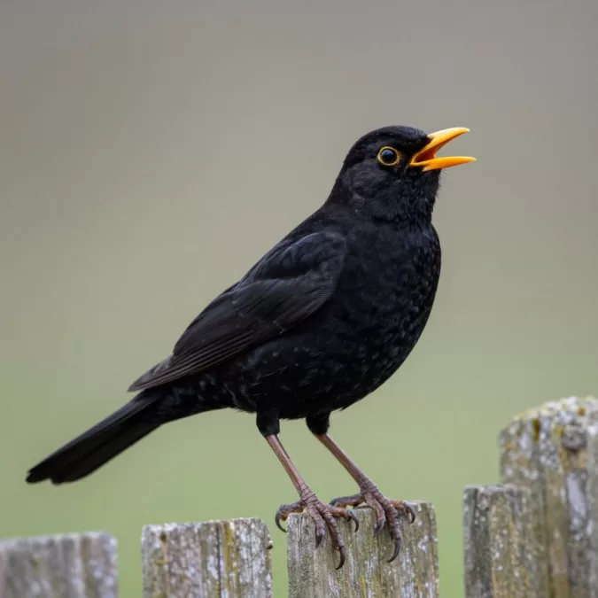 male eurasian blackbird with yellow beak singing