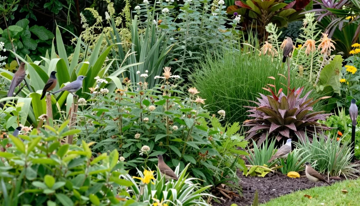 native garden attracting various songbird species