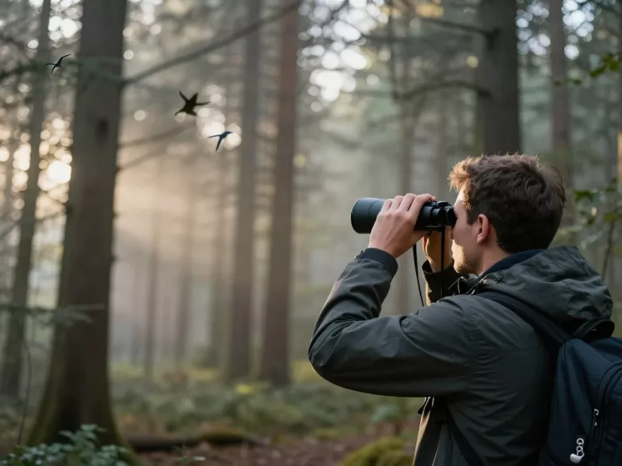 person bird watching with binoculars in forest