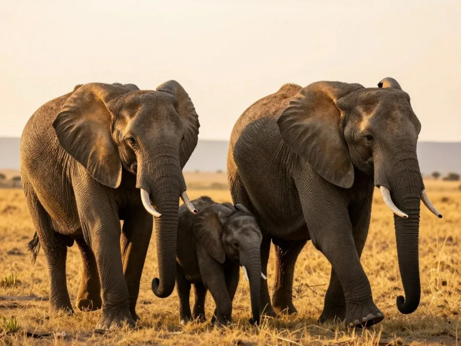 African elephant family walking together showing their massive size and long trunks