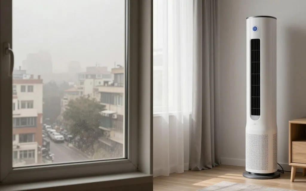 Air quality comparison showing polluted outdoor vs clean indoor air