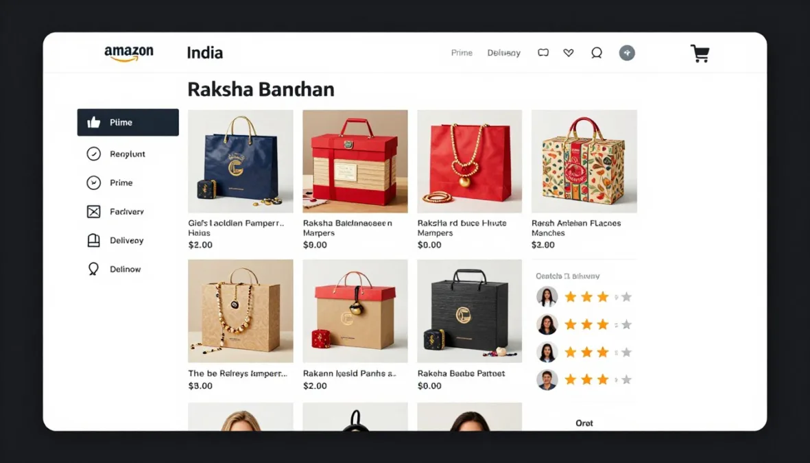 Amazon India shopping interface showing rakhi hampers with delivery options