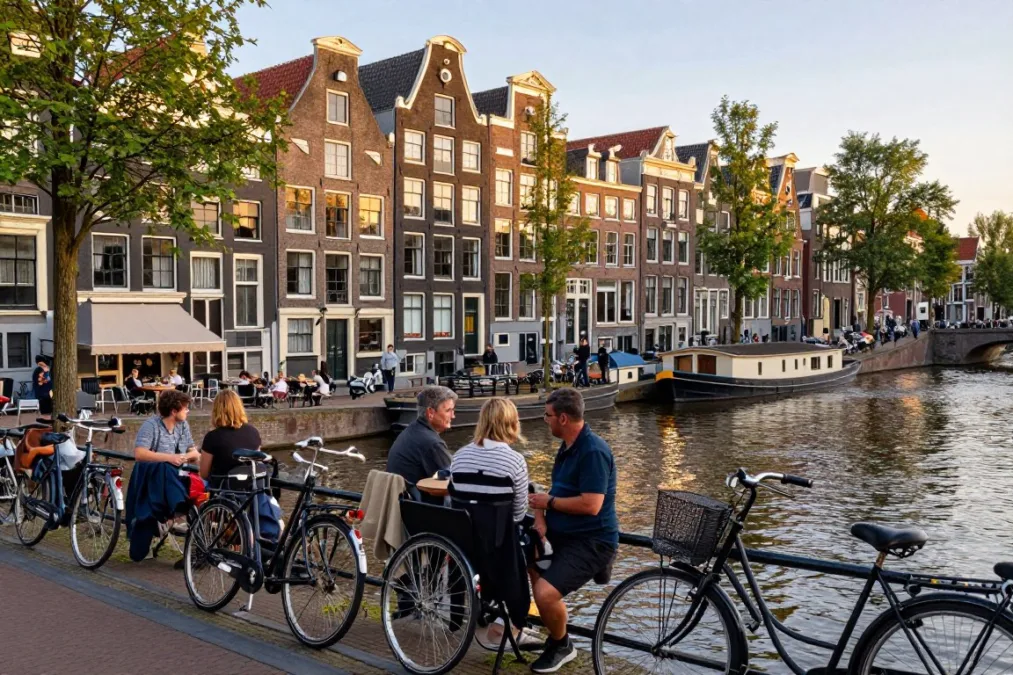 Amsterdam canal scene with bicycles and people enjoying outdoor cafes