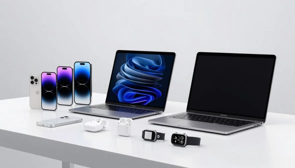 Apple product ecosystem showing iPhone, iPad, MacBook and other consumer electronics