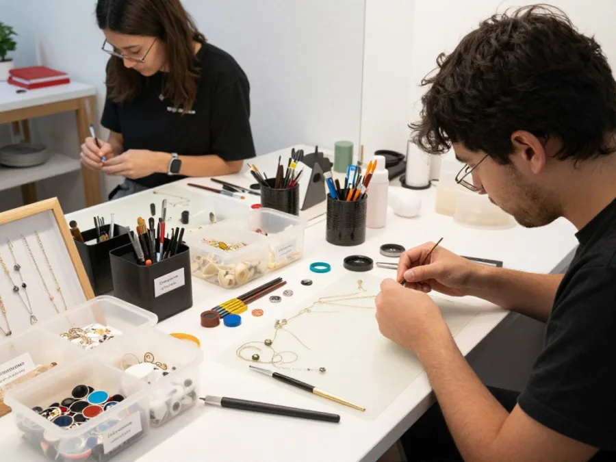 Artisan creating handmade products in organized craft workspace with supplies
