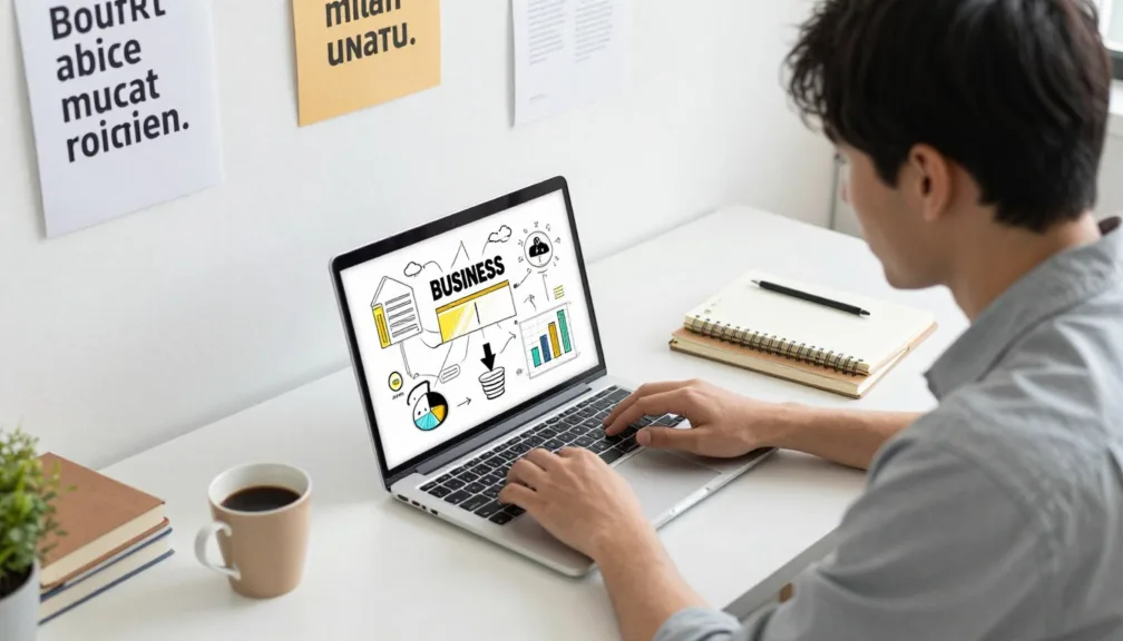 Aspiring entrepreneur reviewing business for beginners options on laptop with startup planning materials