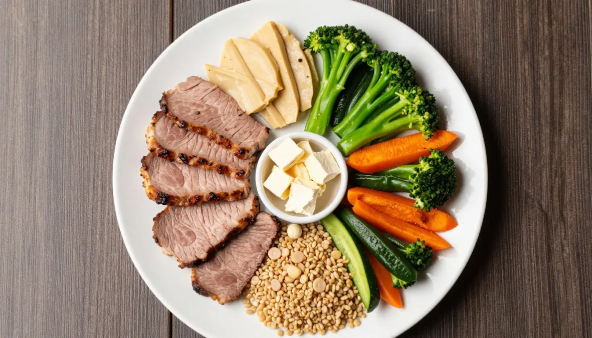 Balanced plate showing proper meat and vegetable proportions