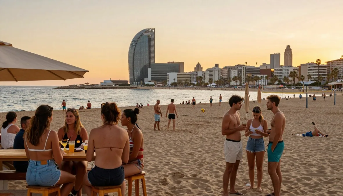 Barcelona beach scene with singles socializing at sunset