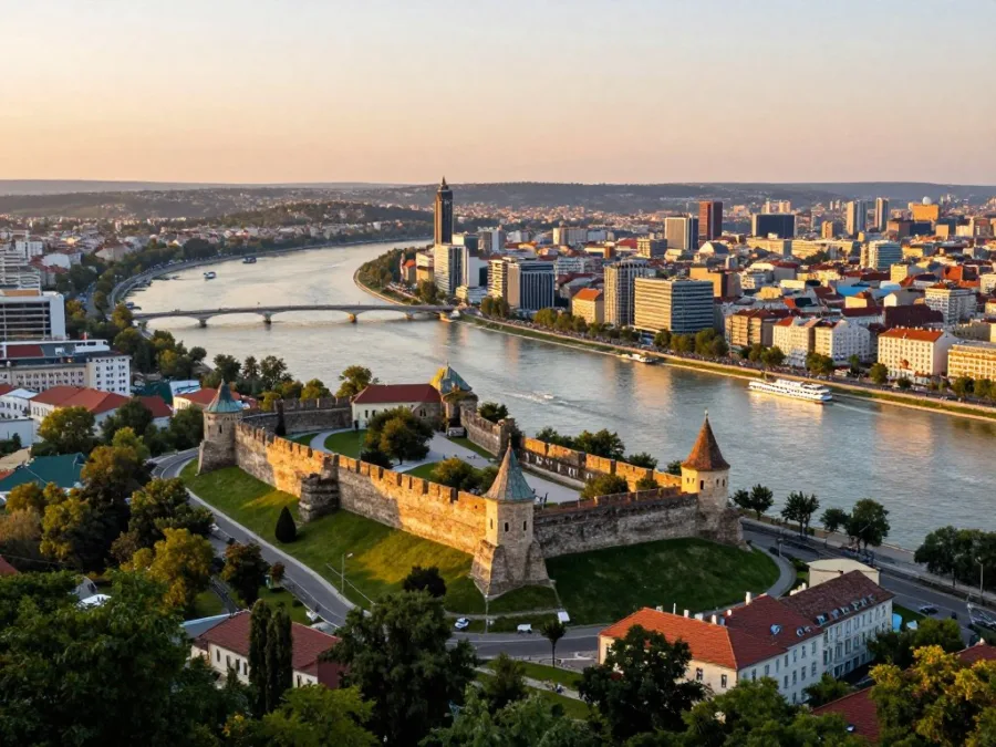 Belgrade Serbia riverside with Kalemegdan Fortress and Danube River