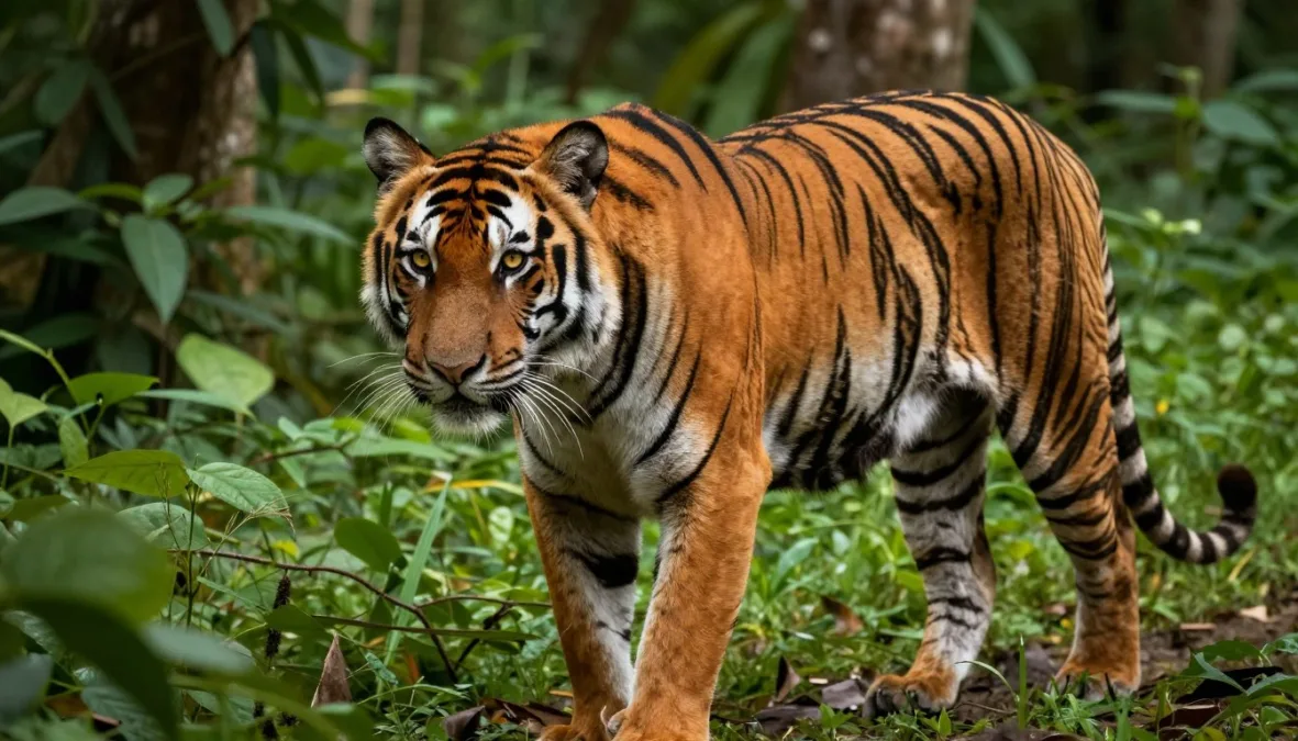 Bengal tiger walking through jungle showing distinctive orange and black striped pattern