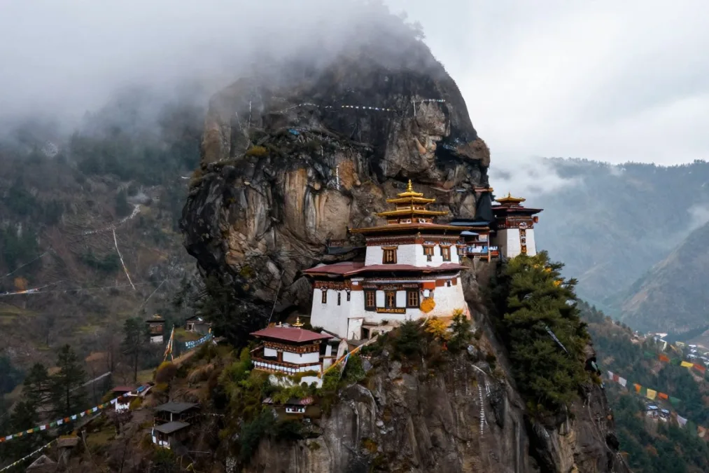 Bhutan's Tiger's Nest Monastery perched on cliff in silent mountains