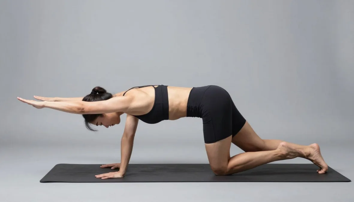 Bird dog exercise showing extended arm and opposite leg