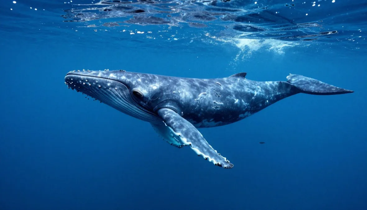 Blue whale swimming underwater showing its enormous size compared to smaller fish