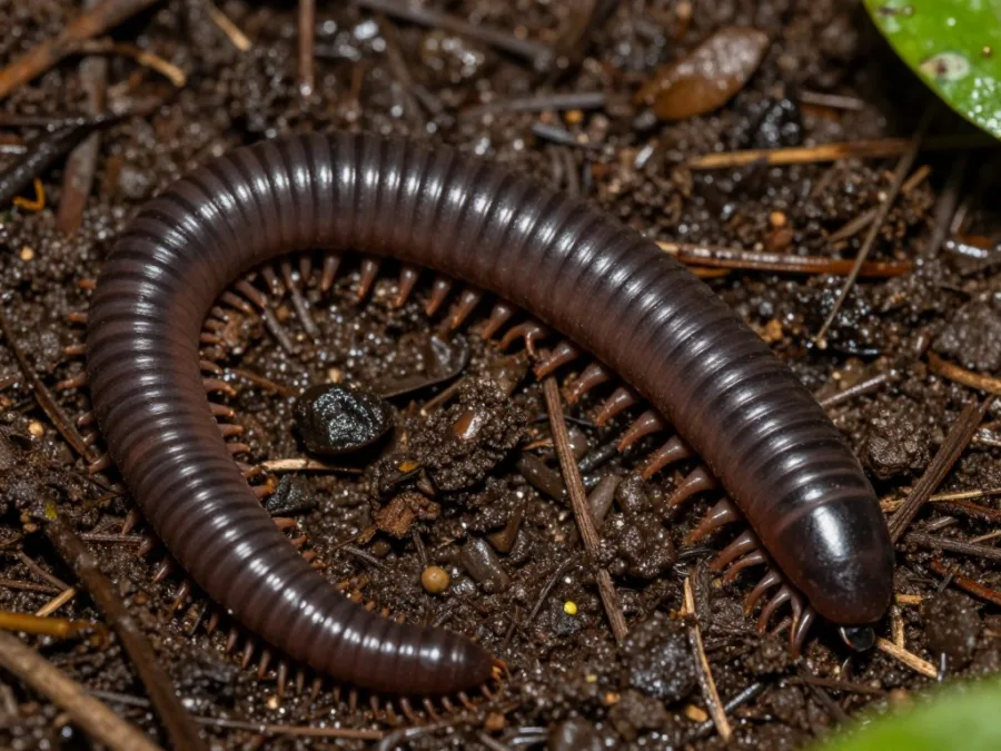 Brazilian giant earthworm in tropical rainforest soil showing impressive size and dark coloration