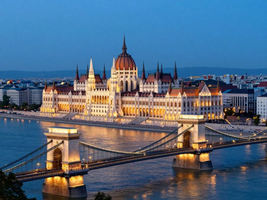 Budapest Hungary showing Parliament building along Danube River