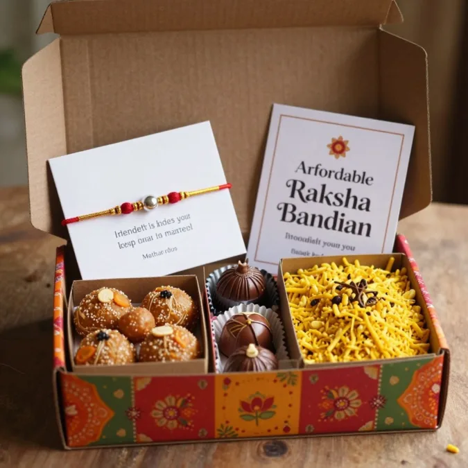 Budget friendly rakhi hamper with basic essentials and sweets