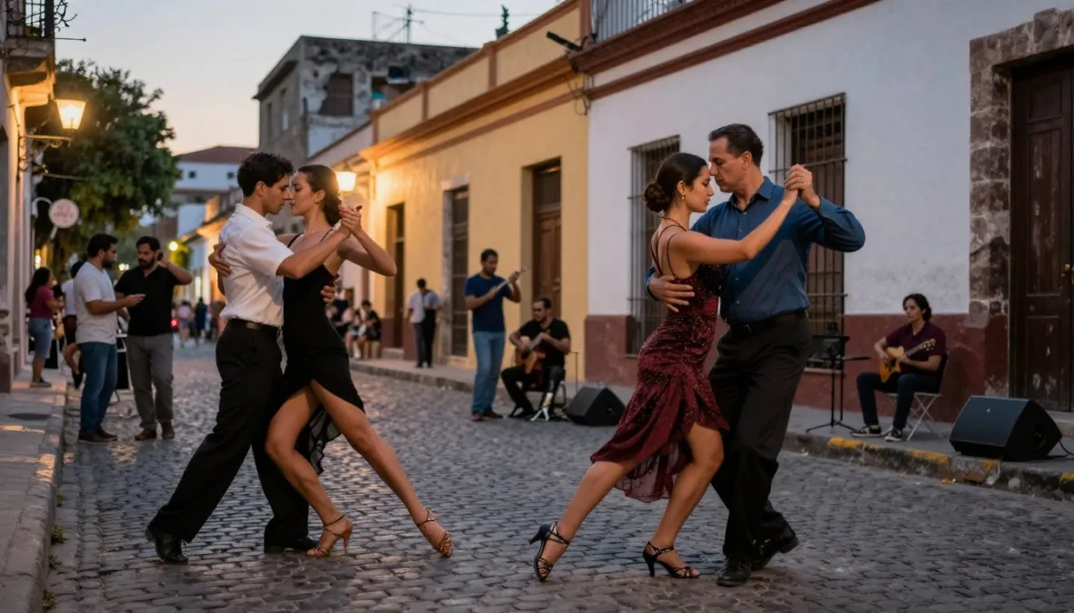 Buenos Aires tango scene with singles dancing in the street