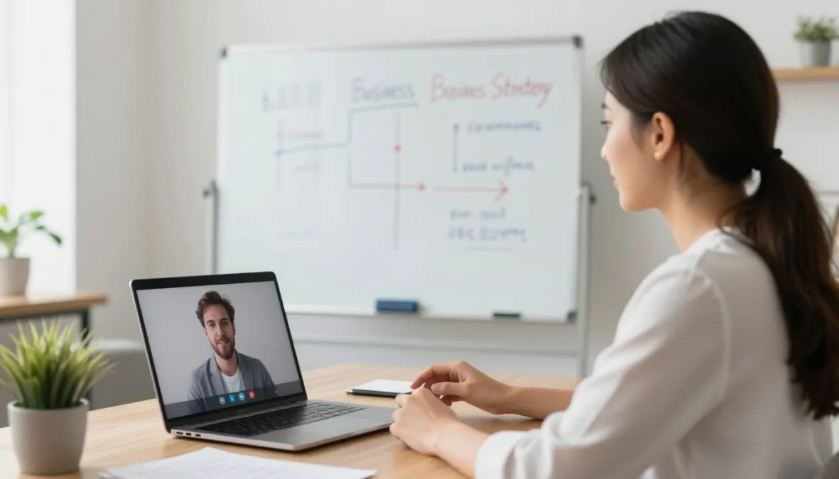 Business consultant conducting virtual strategy session with client via video conference