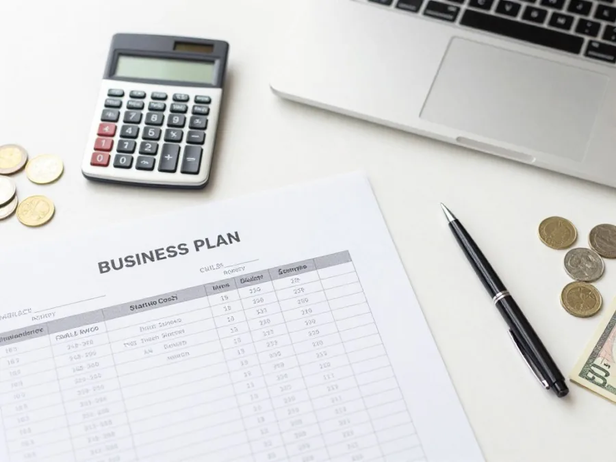 Business plan document with calculator showing low startup costs for business for beginners