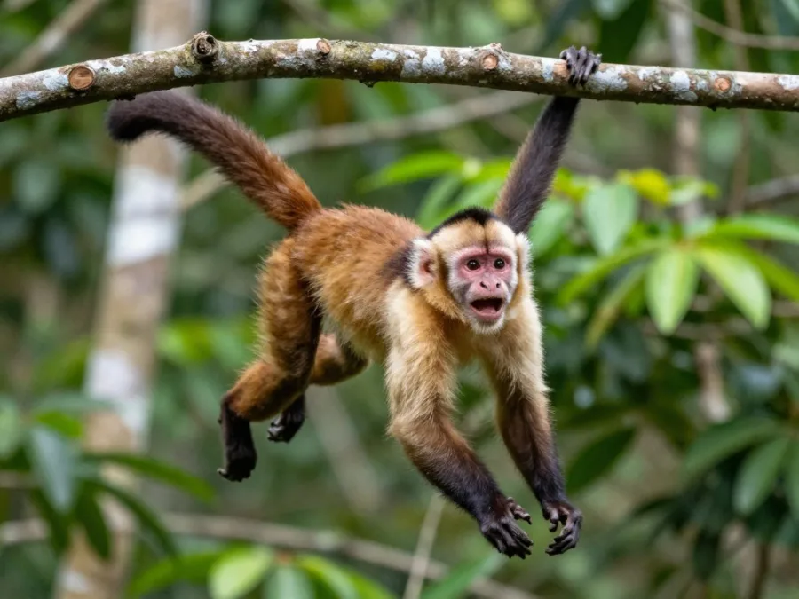 Capuchin monkey swinging through trees showing agility and playful nature
