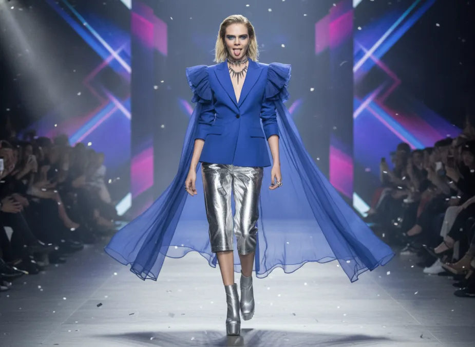 Cara Delevingne fashion model with distinctive bold eyebrows on runway