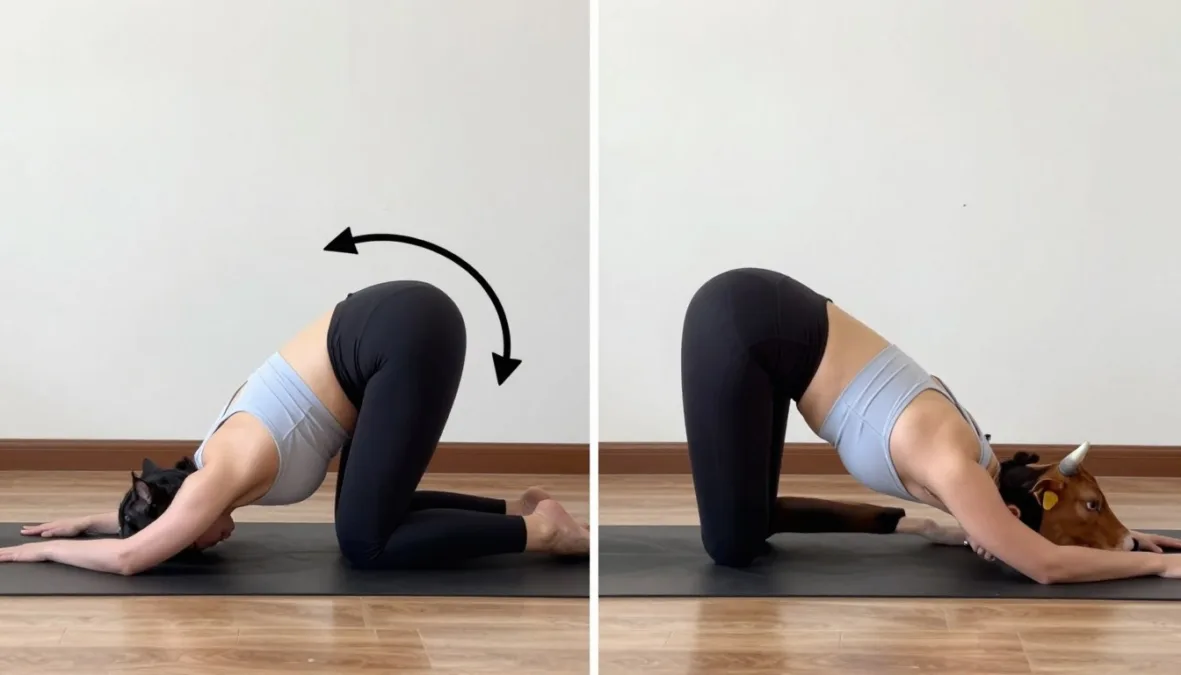Cat-cow yoga stretch demonstration showing both positions