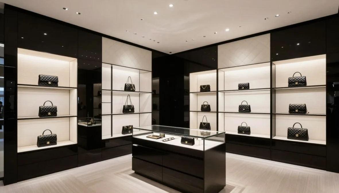 Chanel boutique interior with handbag displays