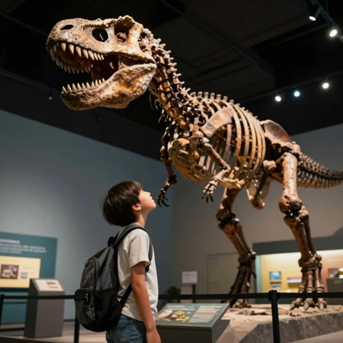 Child looking up at dinosaur skeleton in paleontology gallery