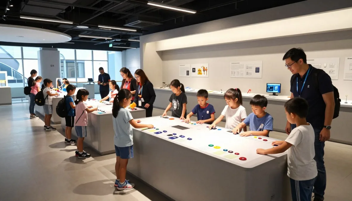 Children engaged in interactive science exhibits at Cité des Sciences
